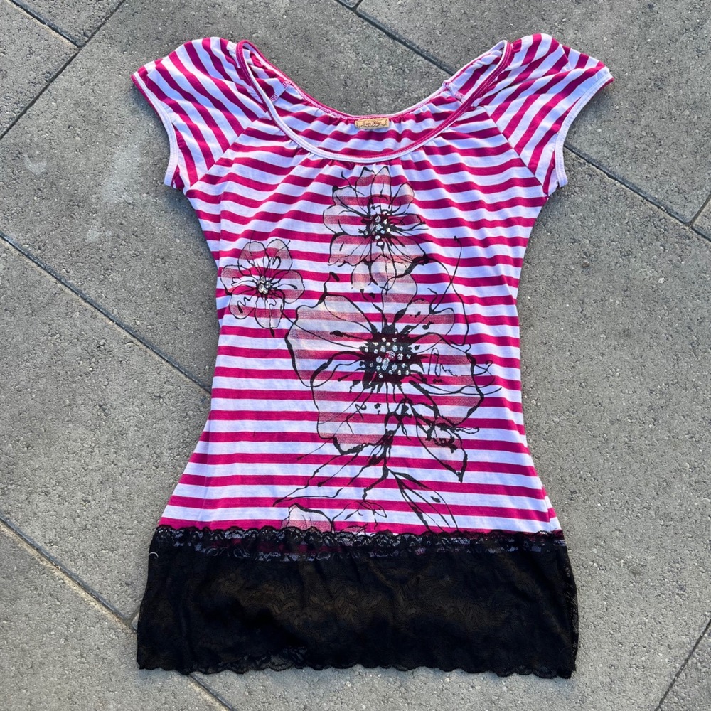 Ever Blue Y2K Pink Striped Floral Lace Trim Tunic Top Cap Sleeve Mini Dress